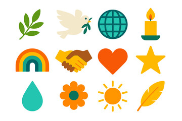Symbols of Peace. Peace leaf in modern flat vector : olive branch, dove, globe, candle, rainbow, handshake, heart, star, water drop, flower, sun,