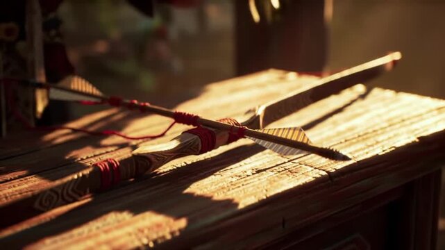 Close-up of a wooden table with an arrow and a bow, illuminated by sunlight.