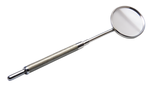 Dental mirror with a metal handle isolated on transparent background, a common tool used by dentists for oral examinations and procedures