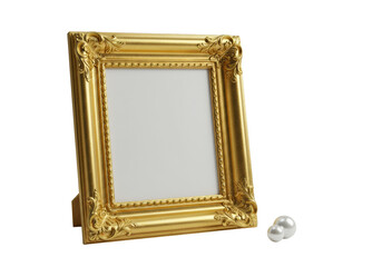 Pristine, ornate golden frame, empty white copy space, delicate white pearl on transparent background, 45-degree angle, studio lighting, high-end luxury product concept