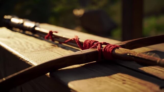 Close-up of a historical crossbow resting on a wooden surface with a red cloth tie.