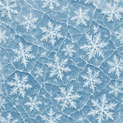 Beautiful White Snowflakes Scattered Across Cracked Ice Surface in Winter Season