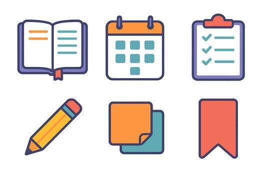 Modern Stationery Icons. Daily tracking in modern flat vector : open notebook, calendar page, checklist, pencil, sticky notes, bookmark. .