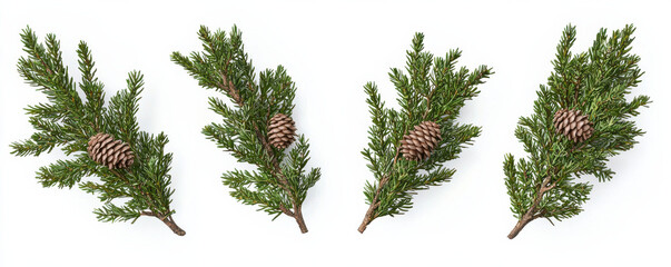 Four realistic pine branches with cones arranged on white background