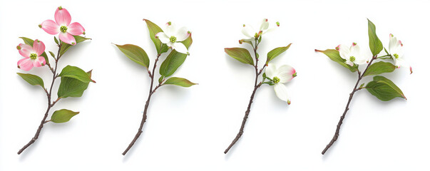 Four realistic dogwood branches with pink and white blossoms and green leaves on white background