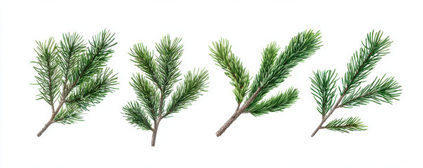 Four realistic pine tree branches with green needles isolated on white background