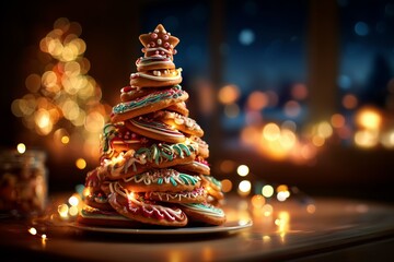 Christmas tree made from decorated cookies with lights.