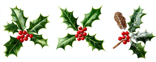 Realistic illustration of holly leaves with red berries, including frosted and sugared variations