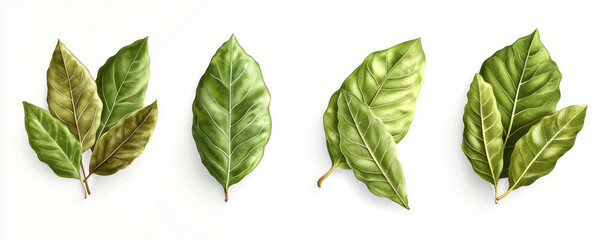 Four realistic green leaves with detailed textures and veins are displayed on white background