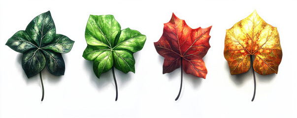 Four realistic leaves in different colors represent changing seasons, from green to autumn hues