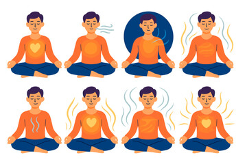 Radiant Meditation Scene. Breath meditation in modern flat vector : person in lotus, chest glow, airflow symbols, serene face, meditating aura,