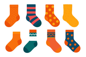 Colorful Cozy Socks. Cozy socks in modern flat vector : wool socks, striped socks, polka dot socks, fuzzy socks, knitted socks, ankle socks, long warm