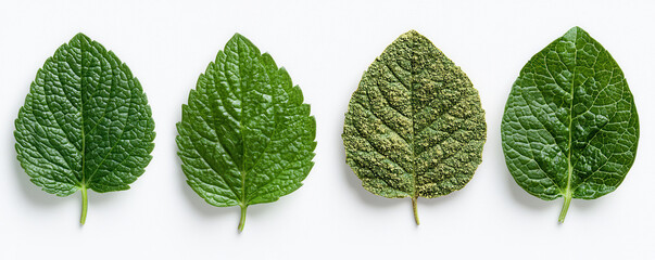 Four green leaves showing different stages of health and disease progression on white background