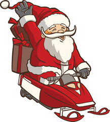 Cartoon Santa Claus Riding Snowmobile with Gifts