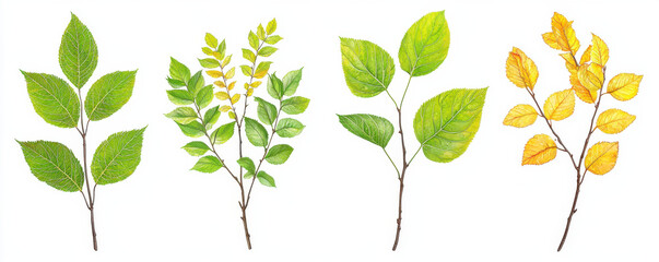 Four realistic illustrations of tree branches with green and yellow leaves, showcasing seasonal changes