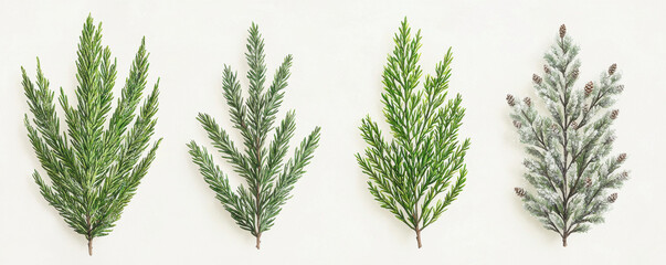 Four different evergreen branches arranged on white background, showcasing their unique textures and shades of green