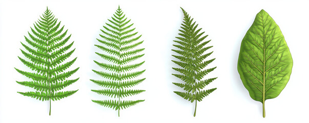 Four different realistic green leaves, including three fern leaves and one broadleaf, isolated on white background