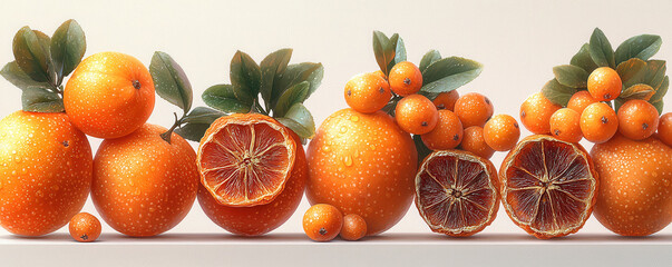 Fresh oranges and kumquats with vibrant leaves and sliced pieces on white surface