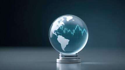Crystal globe with financial graph overlay, symbolizing global economy and investment trends.