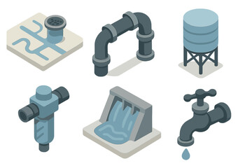 Isometric Infrastructure Icons. Infrastructure set icons in modern isometric flat : drainage map, pipeline, water tank, filter, dam, faucet