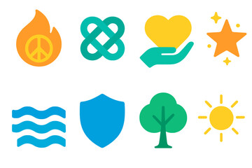 Symbolic Serenity Icons. Symbolic silence in modern flat vector : peace flame, unity knot, gratitude heart, hope star, healing wave, protective shield