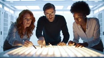 Diverse team analyzing data on glowing table in futuristic office - Powered by Adobe