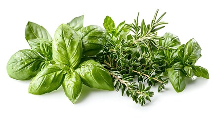 Fresh culinary herbs basil thyme and rosemary isolated on white background