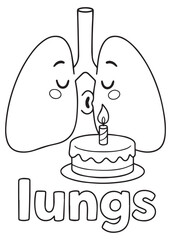 coloring book lungs blowing birthday cake candle, anatomy cartoon for kids