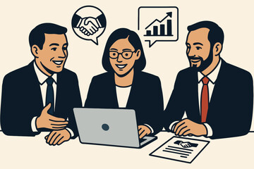 Diverse business people collaborating on a project using a laptop and discussing growth charts