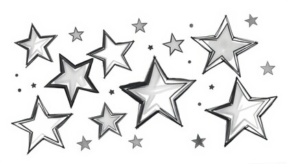 Obraz premium Whimsical, unevenly-sized stars sketched in charcoal, varying shades of grey on white background , galaxy, rustic
