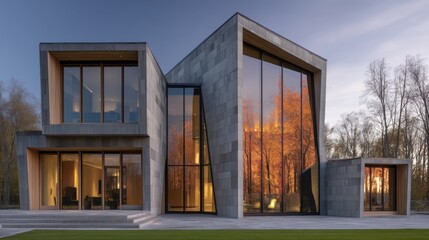 Fototapeta premium Modern villa with angular geometric architecture, stone and concrete cladding, large glass windows reflecting nature,