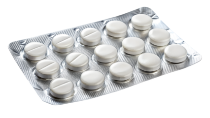 Blister pack of white round pills isolated on transparent background for medical treatment, healthcare, or pharmaceutical purposes in studio shot