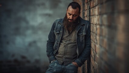 Obraz premium Man leaning against wall looking upset in urban environment, with copy space