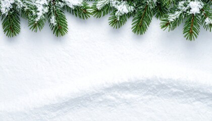 Christmas white background with snow and christmas tree branch, flat lay, top view	