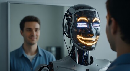 Man Glimpses a Smiling Robot Reflection in Mirror, Symbolizing Human-AI Interaction and the Future of Identity and Technology in Daily Life