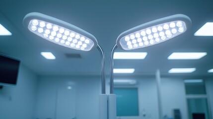 Surgical lights illuminate a modern medical operating room interior