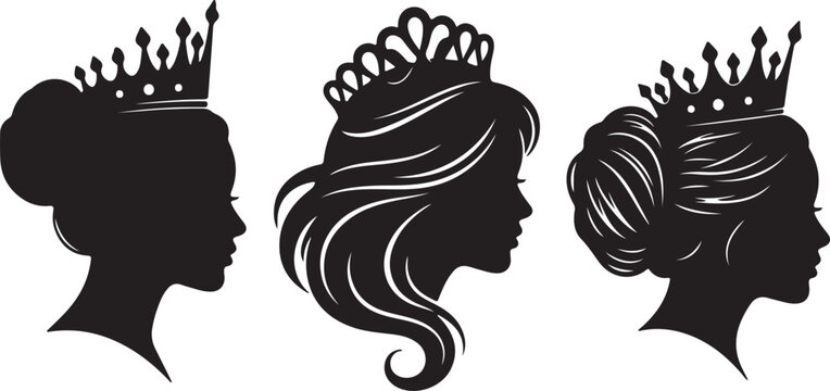 Three Silhouettes of Women's Heads Wearing Crowns profile