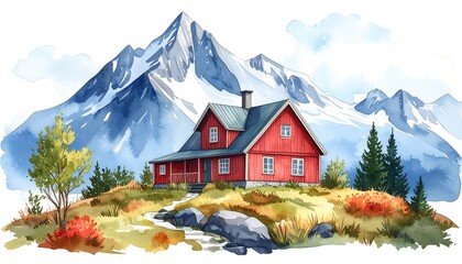 Watercolor painting shows a red cabin with mountain backdrop in autumn colors
