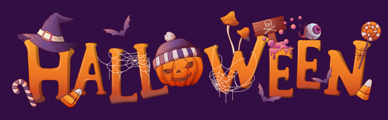 Vector horizontal Halloween typographic header, pumpkins, candy, spider web, witch hat, mushrooms. Bright orange and purple composition for party advertising and festive design. 