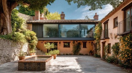 Fototapeta premium Charming Mediterranean courtyard with orange stucco walls, green shutters, terracotta roof tiles, flower pots,