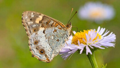 Butterfly on daisy with patterned wings, soft lighting, and green bokeh background
