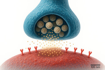 3D illustration of synaptic transmission, showing neurotransmitters being released from a presynaptic terminal and binding to receptors on a postsynaptic neuron.