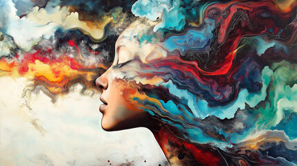 Abstract portrait of a woman with colorful swirling hair and clouds  
