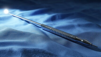 Surgical tool, chrome handle, blue background