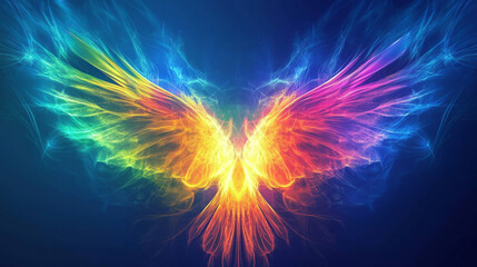 Colorful phoenix with outstretched wings against a dark blue background, digital art