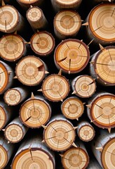 Close-up view of a stacked pile of logs, showing rough bark texture and varying wood diameters, country, winter, pile