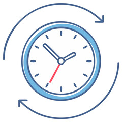 Hand drawn clock icon with rotation arrows depicting time management or recurring events illustration, representing schedule and deadlines