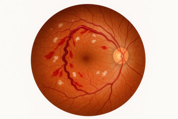 Close-up view of the human retina with characteristic hemorrhages and exudates, indicating potential eye disease or condition.