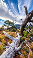 Fallen tree, autumnal landscape, mountain backdrop