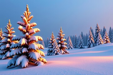 Festive winter scene: snow-covered landscape with glistening pine trees under a clear sky, perfect for holiday greetings, landscape, scenic